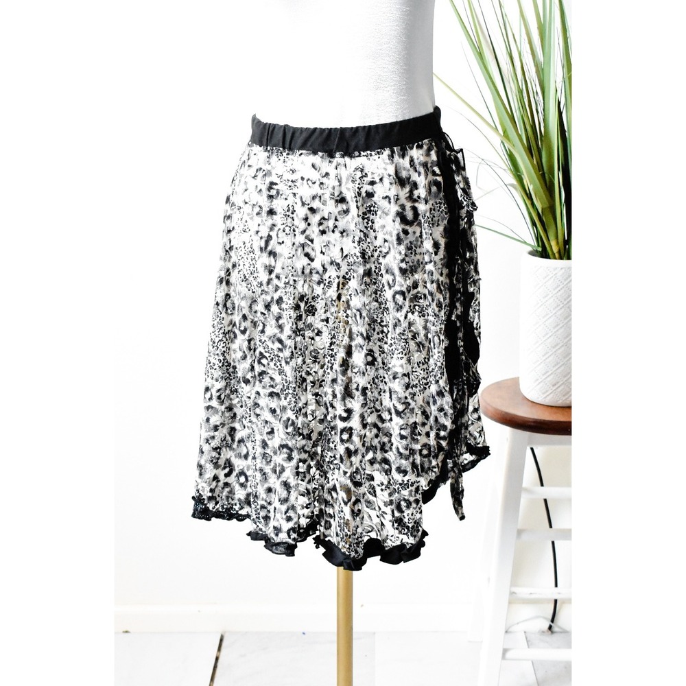 Sakkare Lace Leopard Print Skirt Women M Short Black White Y2K Ruffle A-Line